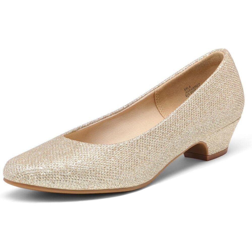 Dream Pairs Women's Gold/Glitter Closed Pointed Toe Low Chunky Heel Pump Shoes